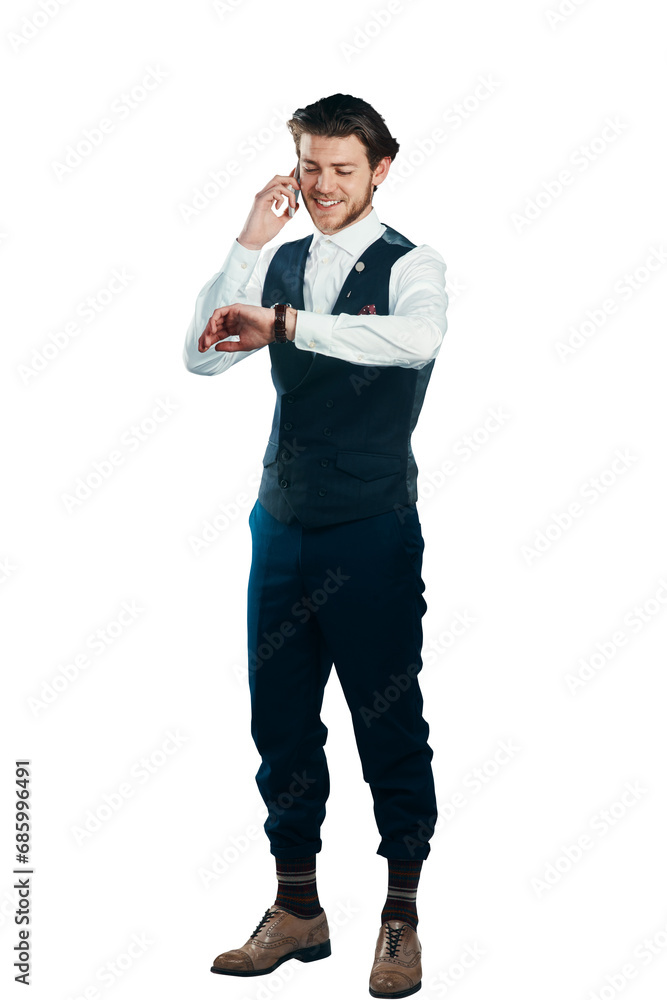 Poster businessman, smile and checking time with phone call for schedule isolated on png transparent backgr