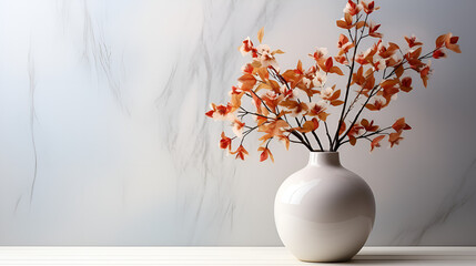A white vase in a white interior with an orange plant