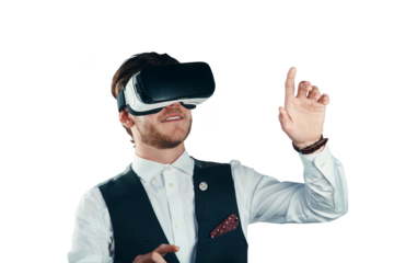 Business man, VR and futuristic glasses for digital software, user experience or metaverse of formal event. Professional person in virtual reality or high tech isolated on transparent png background
