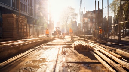 Urban Progress: Construction Site near Sunlit Pavement in Metropolis, Industrial Development Scene