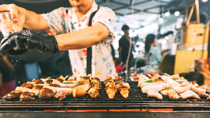Barbeque skewers mushroom menu on grilled at street food market