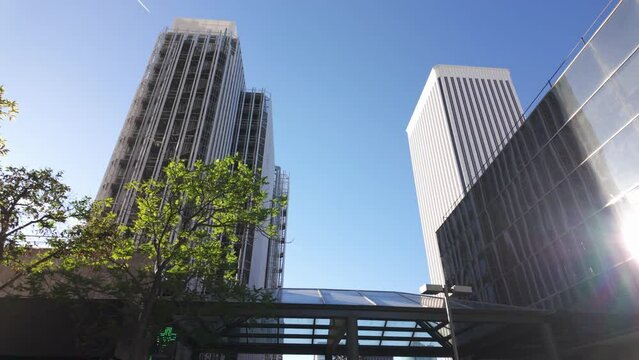 Steel and glass skyscrapers in Madrid's Azca financial district.