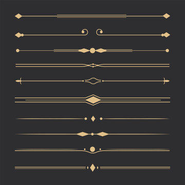 Text devider set, gold line minimal separators, elegant doodlle borders, decorative elements isolated on dark background.