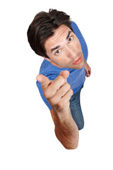 Man, portrait and pointing to you above for choice or selection isolated on a transparent PNG...
