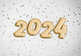 2024 Golden Balloon Numbers on a Starry Concrete Texture Background - Festive New Year Celebration