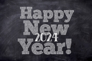 Happy New Year 2024 Chalkboard Message - Handwritten Style Chalk Text on a Blackboard Background