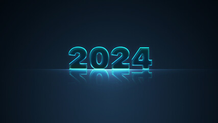 Sleek Neon Glass 2024 Typography on a Reflective Dark Background - Modern New Year Concept Design