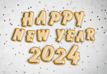 Golden Balloon Letters Spelling Happy New Year 2024 on a Starry Concrete Background - Festive Celebration Design