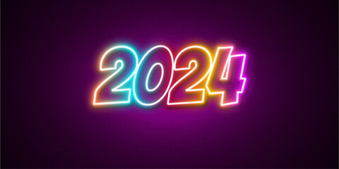 Vibrant Neon Glow 2024 Typography on a Purple Brick Background - Futuristic New Year Celebration Concept