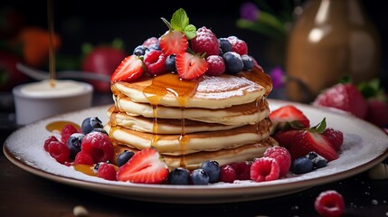 Fluffy pancakes with syrup and fruits - obrazy, fototapety, plakaty