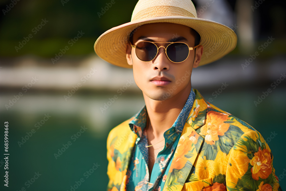 Wall mural close up portrait of a stylish modern Asian man wearing elegant high fashion clothes on vacation