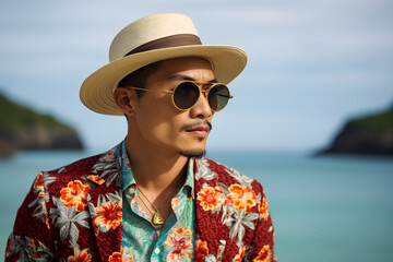 close up portrait of a stylish modern Asian man wearing elegant high fashion clothes on vacation