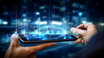 5G High speed internet network communication, man using mobile smartphone with 5G icons flow on virtual screen, worldwide connection. generative ai.