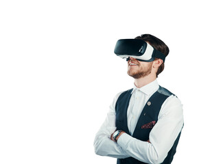 Business man, arms crossed and virtual reality glasses for futuristic vision, metaverse or 3d experience of formal event. Professional person with VR technology isolated on transparent PNG background