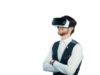 Business man, arms crossed and virtual reality glasses for futuristic vision, metaverse or 3d experience of formal event. Professional person with VR technology isolated on transparent PNG background