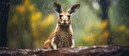 Poster Kangaroo seeking food amidst rain, posing for photo in wild park. Interaction with animals. © AkuAku