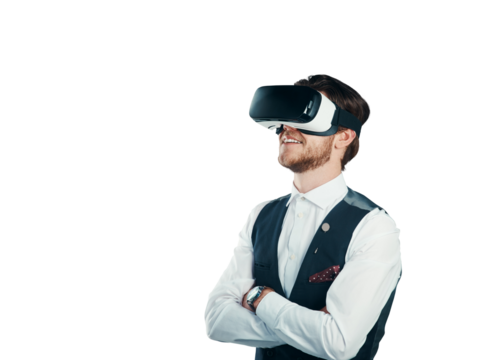 Business man, arms crossed and virtual reality glasses for futuristic vision, metaverse or 3d experience of formal event. Professional person with VR technology isolated on transparent PNG background