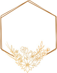 gold hexagon floral frame with hand drawn flower and leaves