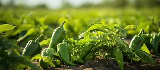 Keuken spatwand met foto Organic farming grows leafy green or sweet peppers (Capsicum annuum) in the field. © AkuAku