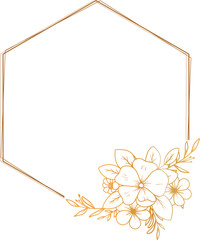 gold hexagon floral frame with hand drawn flower and leaves