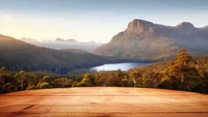 Photo sur Plexiglas Mont Cradle The empty wooden brown table top with blur background of Cradle mountain in Tasmania. Exuberant image. generative AI
