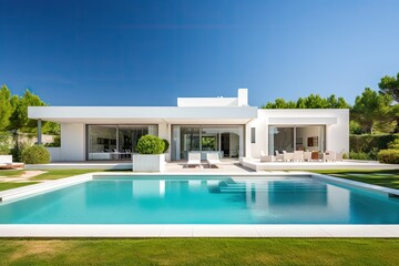 Modern villa with pool and deck with interior - obrazy, fototapety, plakaty