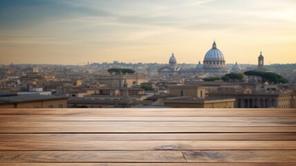 The empty wooden table top with blur background of Rome. Exuberant image. generative AI
