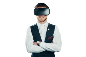 Business man, VR and happy vision or futuristic glasses for metaverse and 3d experience of formal event. Professional person arms crossed for virtual reality isolated on a transparent, PNG background