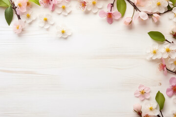 Spring flowers flat lay on a white wooden background with a place for text. AI generative