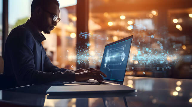 AI, Artificial Intelligence, Big data, Internet of Things IoT. Man, programmer, software engineer using mobile smartphone by id touch on screen, coding on laptop computer with technolo. generative ai. - Powered by Adobe