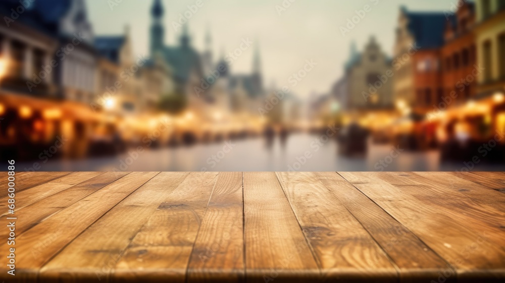 Poster the empty wooden table top with blur background of town square. exuberant image. generative ai