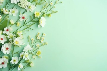 Spring flowers flat lay on a light-green background with a place for text. AI generative
