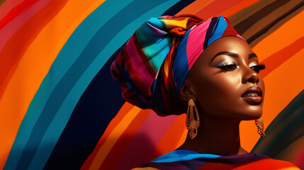 African-American black woman or modeler wearing African jewelry and colorful dress in a vivid background, African fashion model posing portrait - obrazy, fototapety, plakaty