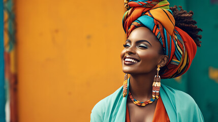 African-American black woman or modeler wearing African jewelry and colorful dress in a vivid...