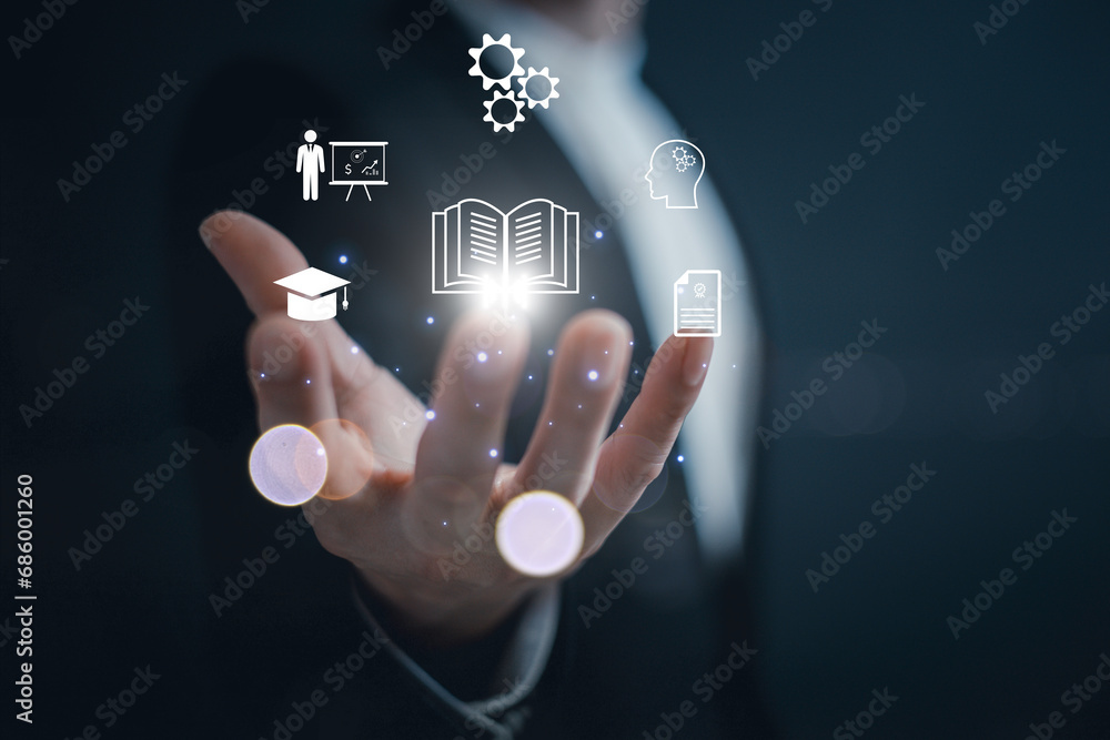 Poster knowledge concept.man hand holding light with learning book educate and graduation concept.study kno