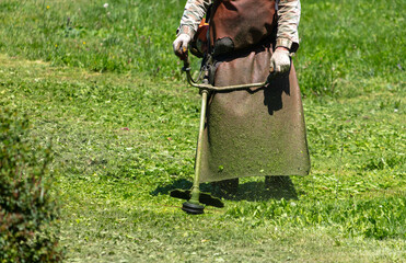 A man mows green grass with a petrol trimmer