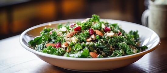 Kale and quinoa salad with cranberry and almonds, a nutritious and raw dish. - obrazy, fototapety, plakaty