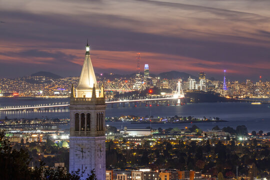 Sather Tower and San Francisco Bay View at Sunset, California