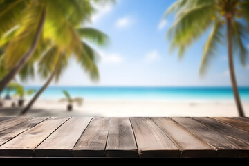 selective depth of field shot of wooden decking with tropical beach in background, product display mockup with palm trees