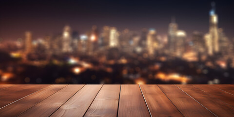 wooden decking with blurred city in background, product display mockup at night