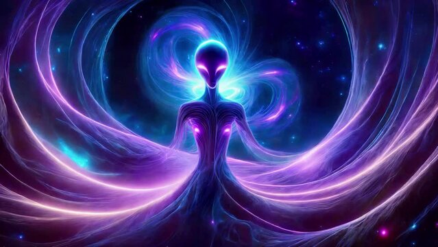 Alien being on surreal planet with flowing energy colors.  Interdimensional being. Extraterrestrial entity, alien landscape. Astral entity on astral plane. 
Cinemagraph 2d hand animation of AI image.