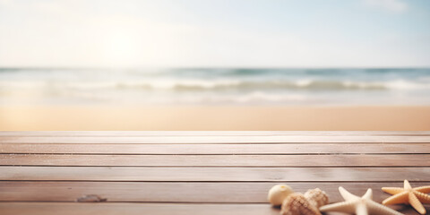selective depth of field shot of wooden decking with beach in background, product display mockup