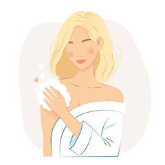 Blonde girl in a white robe washes her body with a washcloth in the bathroom. Minimalism stylish modern vector illustration on white background.