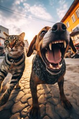 A Curious Cat and a Loyal Dog Meet on a Bustling Urban Street