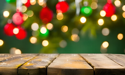 christmas lights on wooden background
