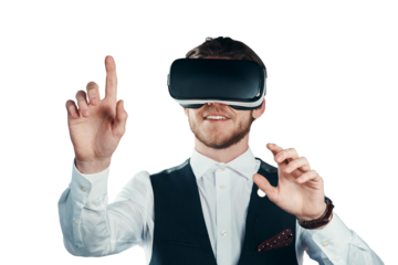 VR, goggles and happy business man pointing, scroll or typing on cyber network, augmented reality or future AI. Digital transformation, metaverse or agent isolated on transparent, png background