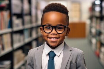 A young boy dressed in a suit and tie, standing in a library. This image can be used to depict education, learning, or a formal event - obrazy, fototapety, plakaty