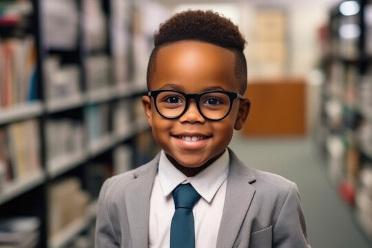 A young boy dressed in a suit and tie, standing in a library. This image can be used to depict education, learning, or a formal event