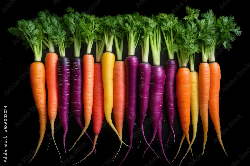 Poster a visually appealing image featuring a row of carrots with vibrant and varied colored tops