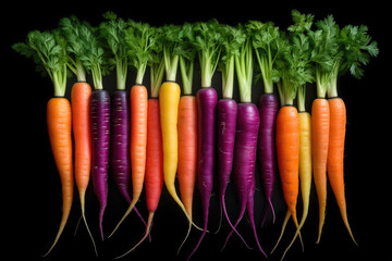 A visually appealing image featuring a row of carrots with vibrant and varied colored tops - obrazy, fototapety, plakaty
